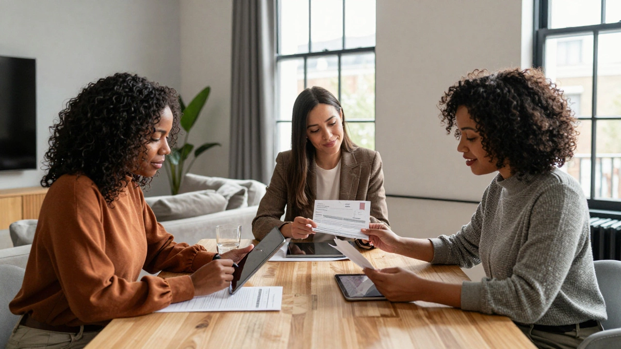 Diverse women reviewing contracts and bank statements in a sunlit London apartment.
