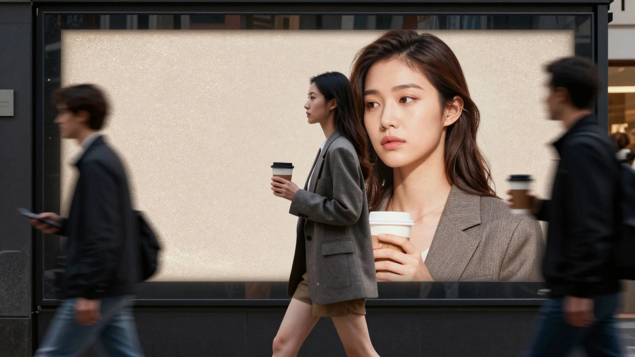 Woman walking past her own billboard image, calm and indifferent, holding a coffee cup.